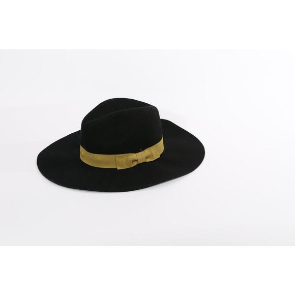 Vintage Black Fedora Hat Gold Band Trim Wide Brim Classic Elegant Unisex Style - Picture 6 of 6